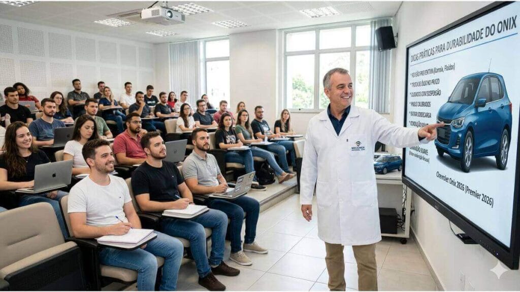 Um professor de jaleco branco aponta para uma tela digital exibindo um Chevrolet Onix azul e uma lista de dicas de durabilidade em português para uma sala cheia de alunos atentos.