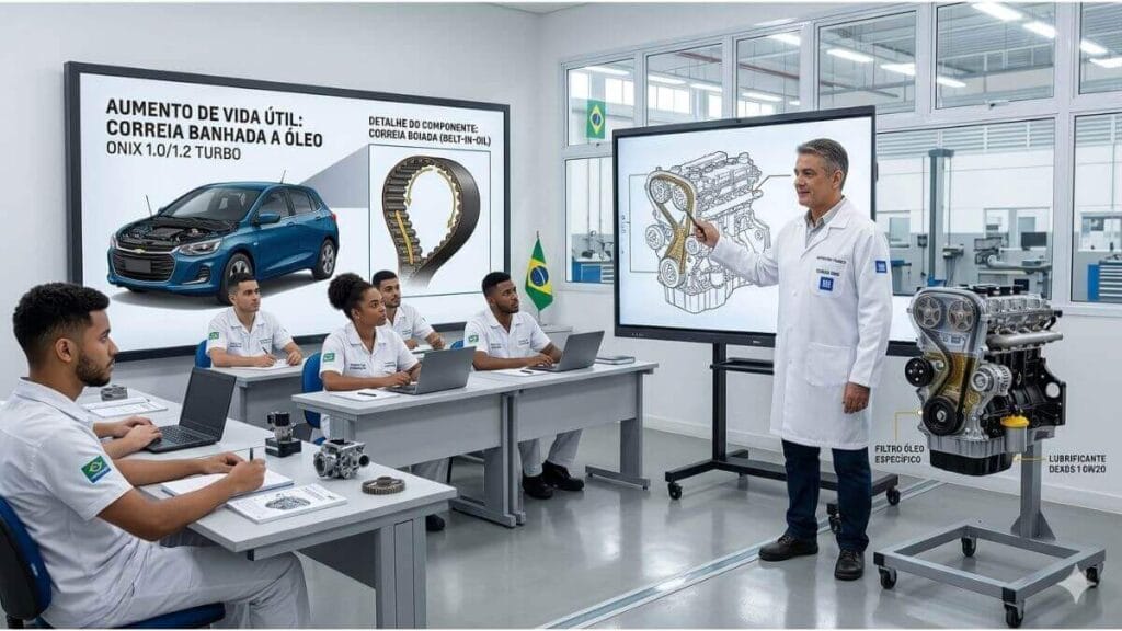 Professor ensina alunos em sala de aula técnica sobre como aumentar a vida útil da correia banhada a óleo do Onix, com infográfico no quadro.