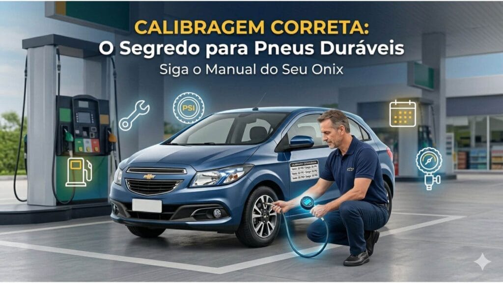 Fotografia profissional em um posto de gasolina. Um Chevrolet Onix azul está no centro. Um homem de uniforme está agachado ao lado do carro, calibrando o pneu dianteiro com uma mangueira e manômetro. Acima do carro, o título: 'CALIBRAGEM CORRETA: O Segredo para Pneus Duráveis'.