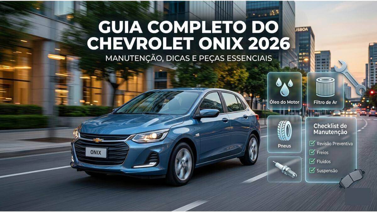 Uma imagem de capa de blog profissional com um Chevrolet Onix azul em movimento em uma cidade à noite. No topo, o texto em branco diz 'GUIA COMPLETO DO CHEVROLET ONIX 2026' e abaixo 'MANUTENÇÃO, DICAS E PEÇAS ESSENCIAIS'. À direita, há ícones flutuantes com textos em português: Óleo do Motor, Filtro de Ar, Pneus, e um Checklist de Manutenção com itens marcados: Revisão Preventiva, Freios, Fluidos, Suspensão.