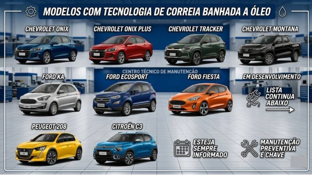 Infográfico técnico mostrando uma lista visual de carros com tecnologia de correia banhada a óleo, incluindo modelos Chevrolet, Ford, Peugeot e Citroën.