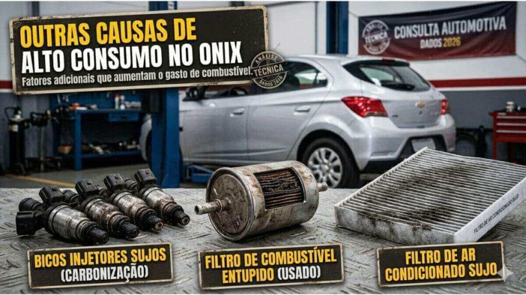 Uma imagem técnica e de impacto mostrando um Chevrolet Onix prata em segundo plano e quatro peças sujas em primeiro plano: bicos injetores carbonizados, filtro de combustível entupido e filtro de ar de condicionado caked. À direita, um banner técnico de autoridade diz: 'OUTRAS CAUSAS DE ALTO CONSUMO NO ONIX Fatores adicionais que aumentam o gasto de combustível.' No canto inferior, um selo diz 'ANÁLISE TÉCNICA DADOS 2026'.