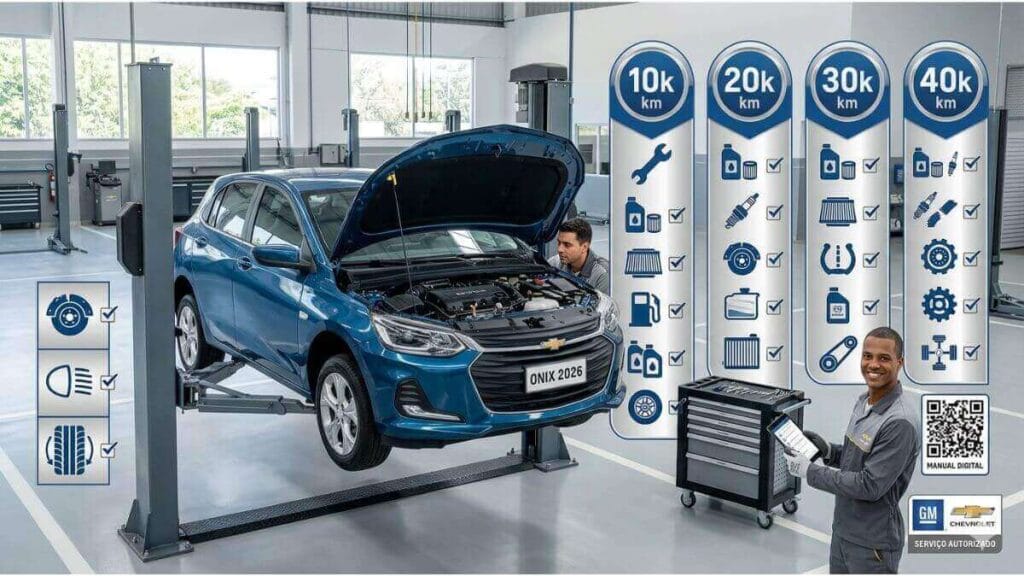 Infográfico visual em uma oficina Chevrolet mostrando um Onix azul no elevador e colunas com ícones de manutenção para 10k, 20k, 30k e 40k quilômetros. Um mecânico sorridente segura um tablet ao lado de um carrinho de ferramentas.