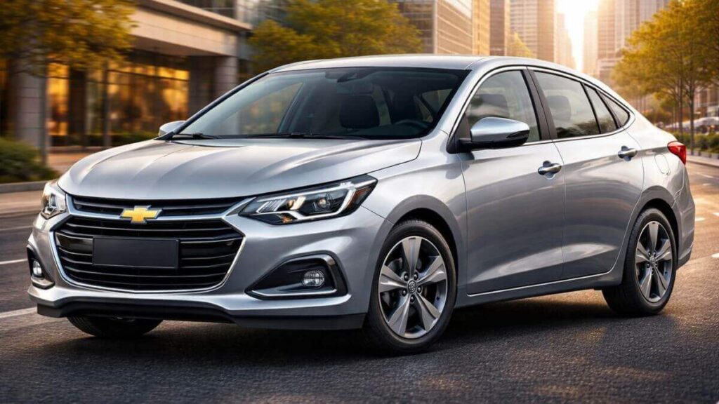 Chevrolet Onix 2026 com excelente custo-benefício no Brasil Chevrolet Onix 2026 prata estacionado em rua urbana com prédios modernos ao fundo