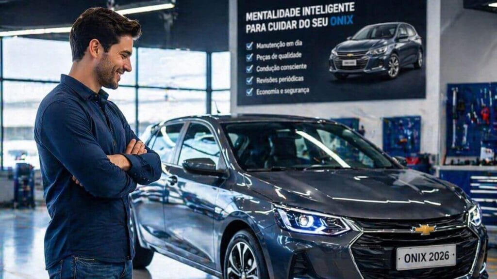 Dono sorrindo ao lado do Chevrolet Onix 2026 em oficina após cuidados de manutenção inteligente