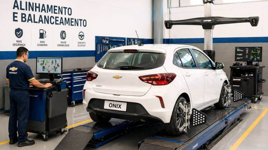 Chevrolet Onix passando por alinhamento e balanceamento em oficina mecânica limpa e organizada.