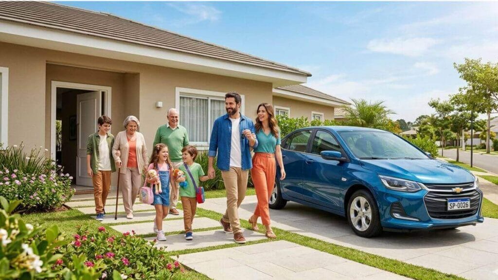 Família sorridente saindo de casa em um dia de sol em direção a um Chevrolet Onix Plus azul estacionado na garagem.