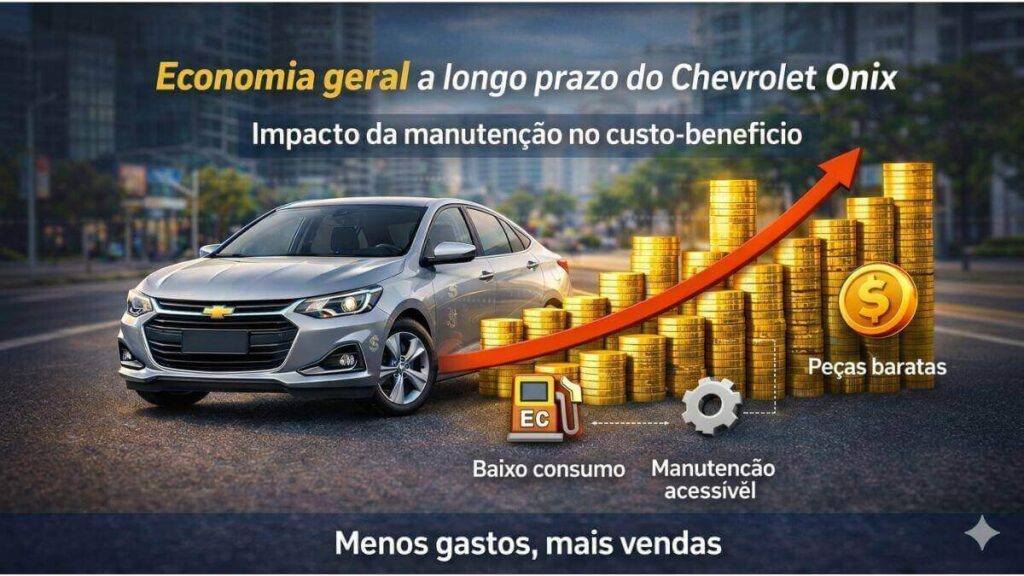 Custo-benefício e Economia do Chevrolet Onix Infográfico de Chevrolet Onix prata com pilhas de moedas e gráfico de economia de manutenção.