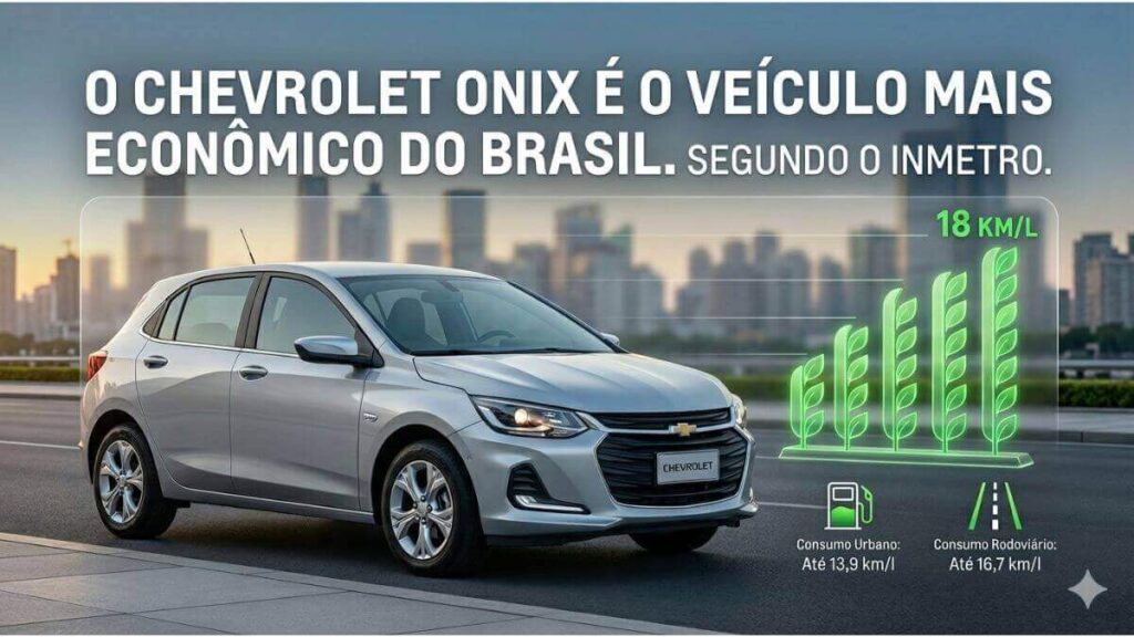 Chevrolet Onix: O Carro Mais Econômico do Brasil (Dados Inmetro 2026) Infográfico publicitário de 2026 mostrando um Chevrolet Onix Hatch prata em uma rua da cidade com prédios ao fundo. O texto principal diz: "O CHEVROLET ONIX É O VEÍCULO MAIS ECONÔMICO DO BRASIL. SEGUNDO O INMETRO." À direita, um gráfico de barras verdes e ícones mostram um consumo rodoviário de até 16,7 km/l e urbano de até 13,9 km/l.