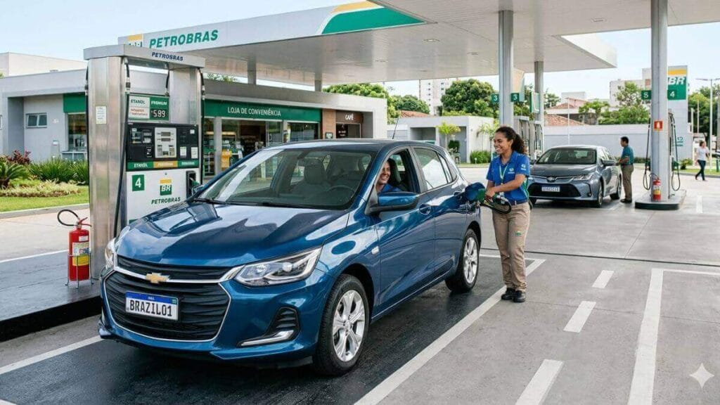 Frentista uniformizada com logo da Petrobras sorri enquanto insere o bico de combustível em um Chevrolet Onix hatchback azul moderno, placa BRAZIL01, em um posto de serviço limpo e bem iluminado.