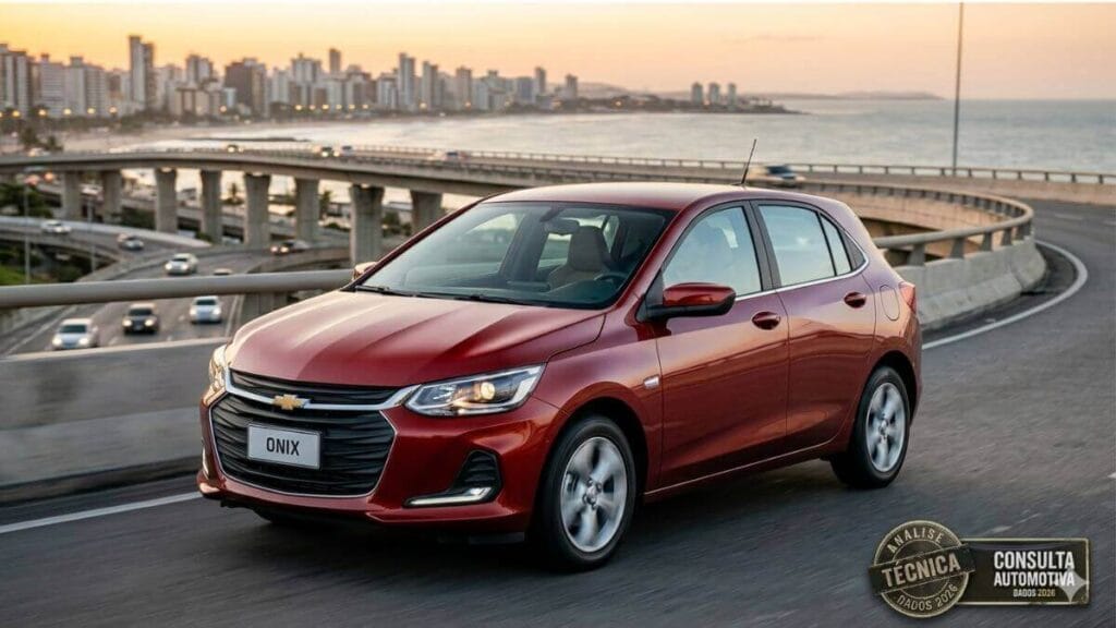Um Chevrolet Onix hatchback novo, na cor vermelho metálico, é fotografado em movimento sobre uma ponte elevada moderna no Rio de Janeiro durante o pôr do sol dourado. A imagem foca no perfil dianteiro esquerdo do carro, com as luzes diurnas de LED acesas e a grade cromada visível. O fundo desfocado mostra o horizonte da cidade, o Oceano Atlântico e outras luzes de carros em bokeh. A pintura metálica vermelha brilha intensamente sob a luz quente.