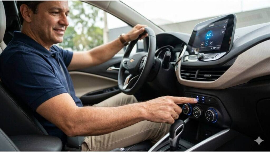 Um homem de camisa polo azul e calça cáqui, sentado no banco do motorista de um Chevrolet Onix novo, estende o dedo para pressionar o botão de ligar o ar condicionado no console central. O foco principal está no dedo e no botão com o símbolo A/C iluminado.
