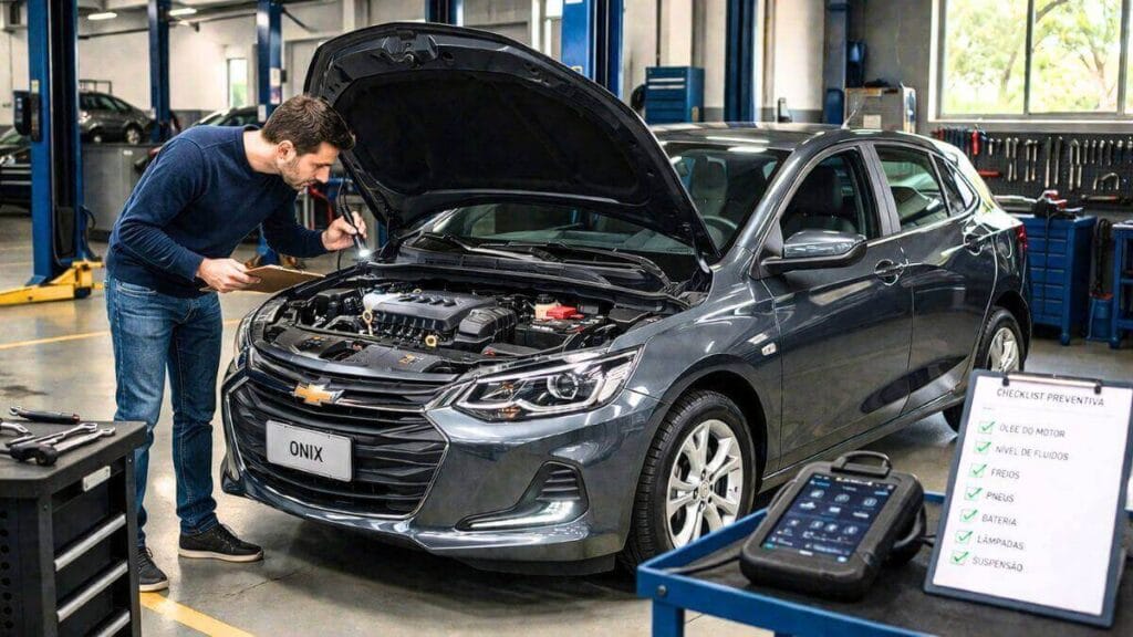 Proprietário inspecionando o motor do Chevrolet Onix em oficina para identificar problemas antes que aconteçam