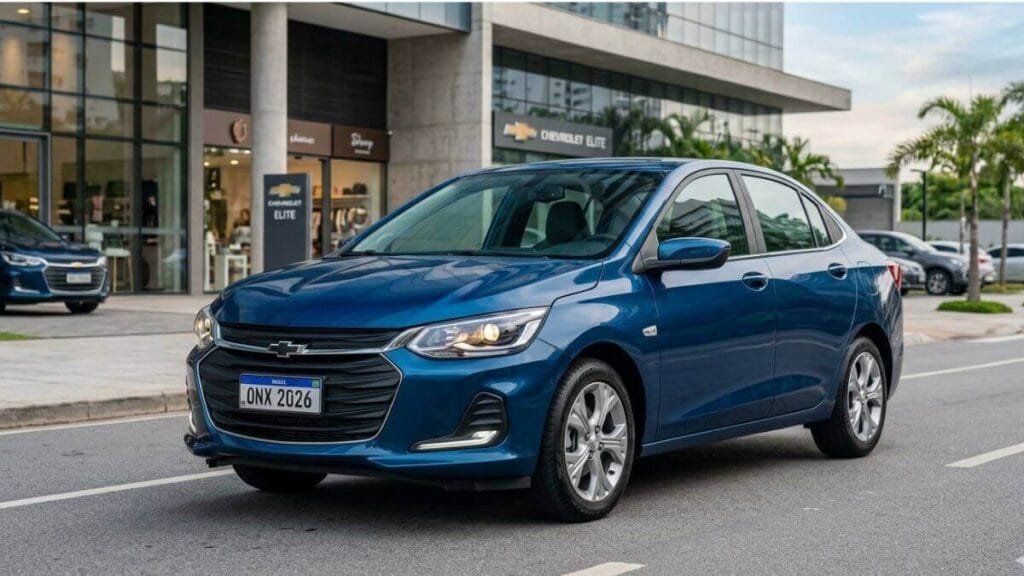 Chevrolet Onix Plus Premier 2026 na cor azul em rua moderna, representando eficiência e economia inteligente.