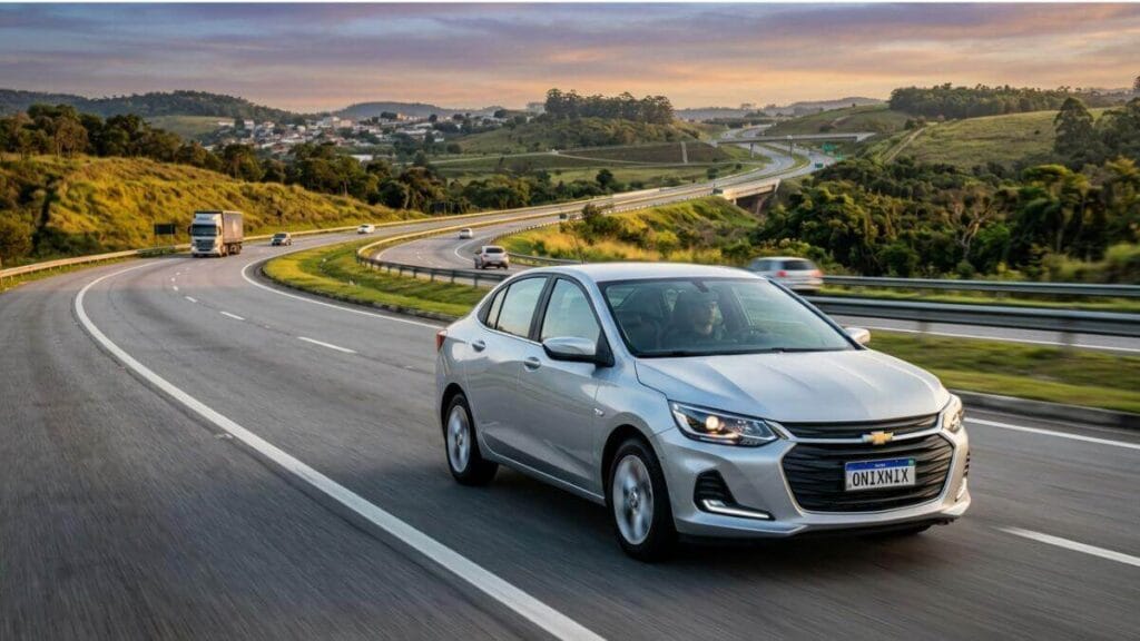 Um Chevrolet Onix Premier sedan prata viajando em uma rodovia de múltiplas faixas no Brasil, com serras e outras veículos ao fundo sob luz solar suave.