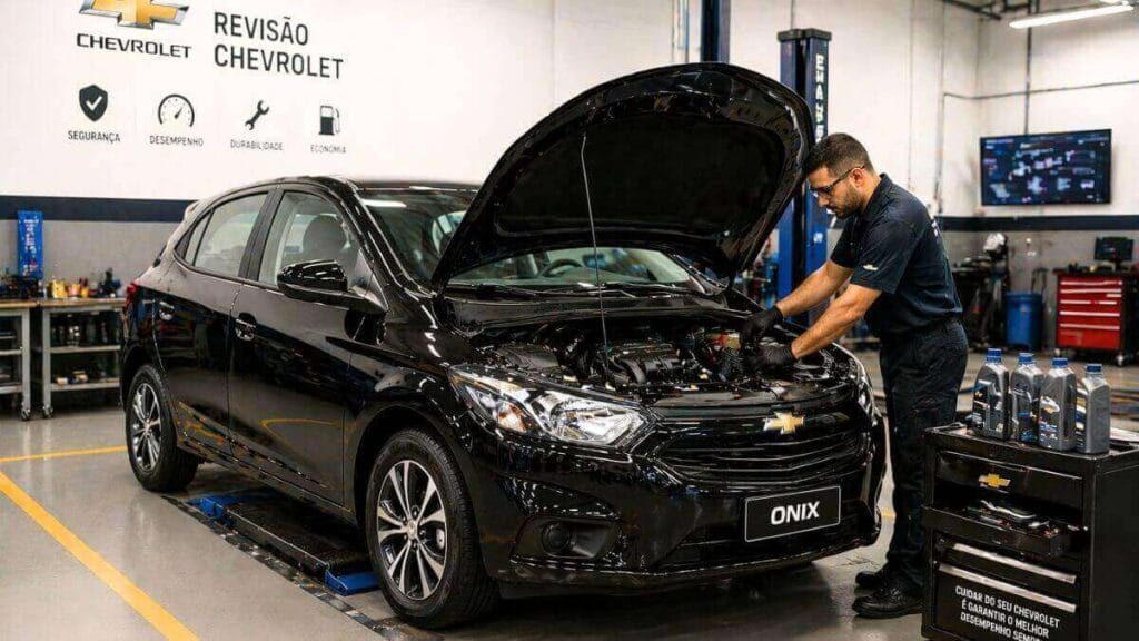 Chevrolet Onix preto em oficina mecânica durante revisão com mecânico verificando o motor.