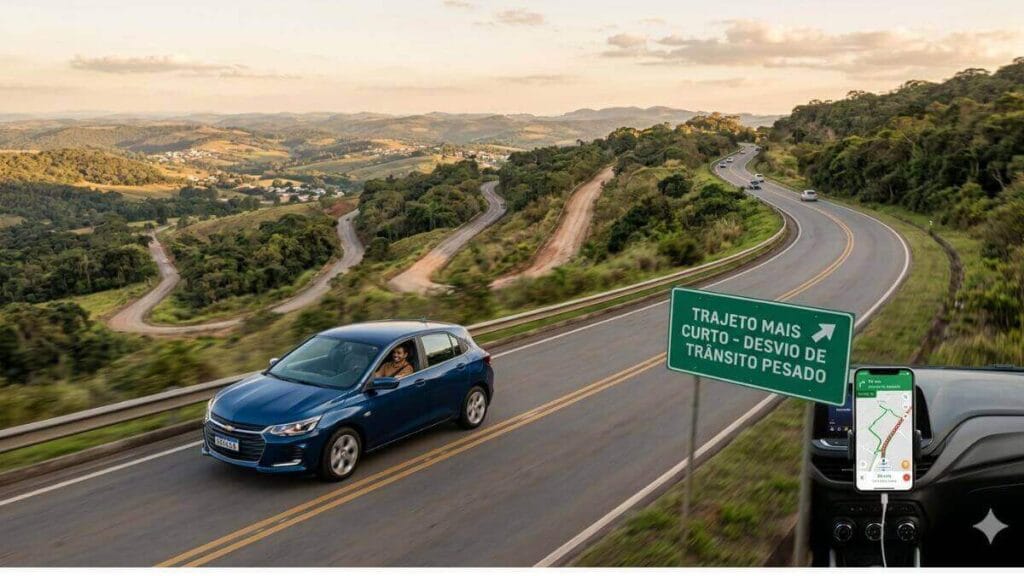 Visão externa de um Chevrolet Onix azul rodando em uma estrada sinuosa cercada por colinas e vegetação densa. No canto inferior direito, vê-se um celular em um suporte exibindo um GPS com o trajeto mais rápido traçado. No centro da imagem, há um texto sobreposto em um fundo semitransparente que diz: 'TRAJETOS MAIS RÁPIDOS PARA EVITAR TRÂNSITO PESADO'.