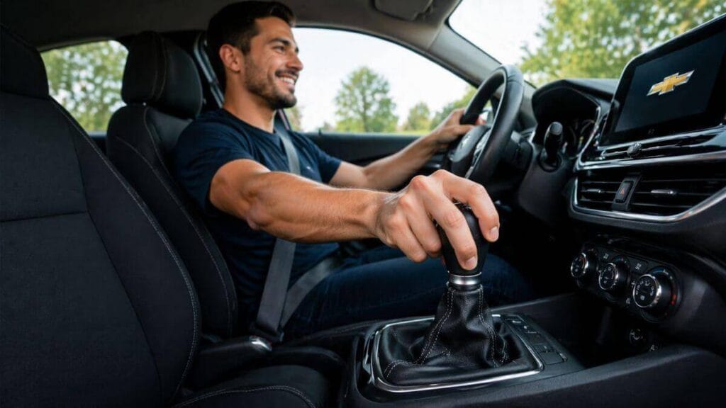 Motorista sorrindo dirigindo Chevrolet Onix enquanto troca a marcha corretamente, com foco na alavanca de câmbio.