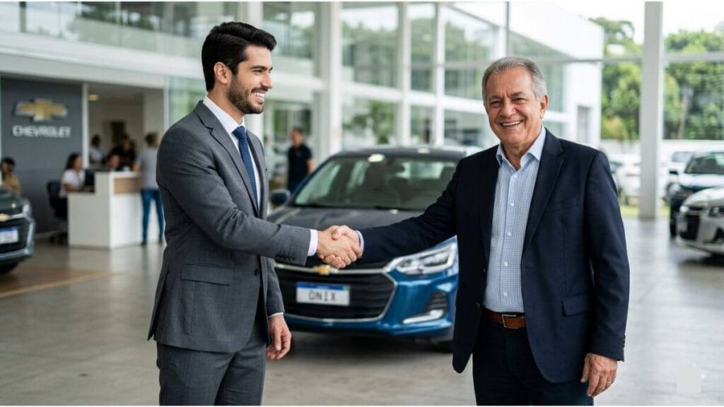 Dois homens bem vestidos de idades diferentes apertando as mãos e sorrindo em uma concessionária Chevrolet. Ao fundo, um Chevrolet Onix azul está estacionado e desfocado.