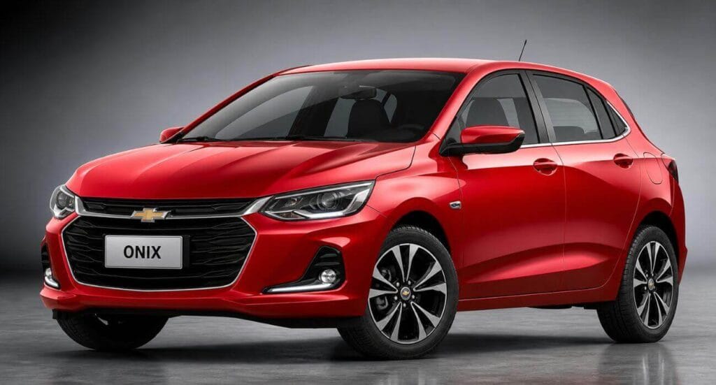 Chevrolet Onix vermelho destacando aumento de preços causado por conflitos internacionais e impacto econômico