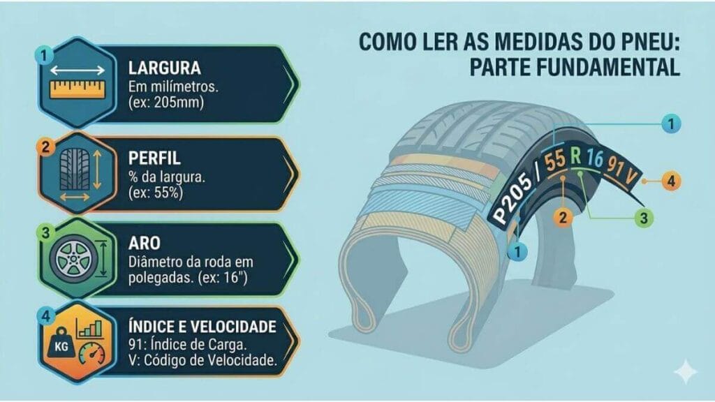Infográfico explicando como ler as medidas de um pneu, com destaque para largura, perfil, aro, índice de carga e código de velocidade.