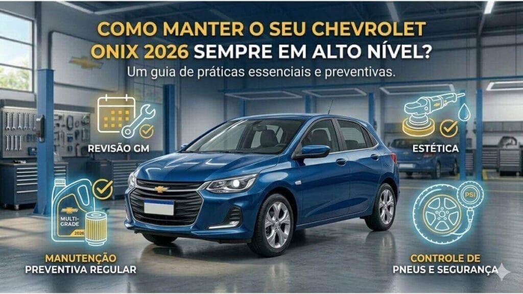 Infográfico automotivo profissional com o título 'COMO MANTER O SEU CHEVROLET ONIX 2026 SEMPRE EM ALTO NÍVEL?' em branco e amarelo. No centro, um Chevrolet Onix azul. Ao redor dele, quatro painéis com ícones brilhantes mostram: Revisão GM, Estética, Manutenção Preventiva Regular e Controle de Pneus e Segurança. Fundo de oficina mecânica organizada.