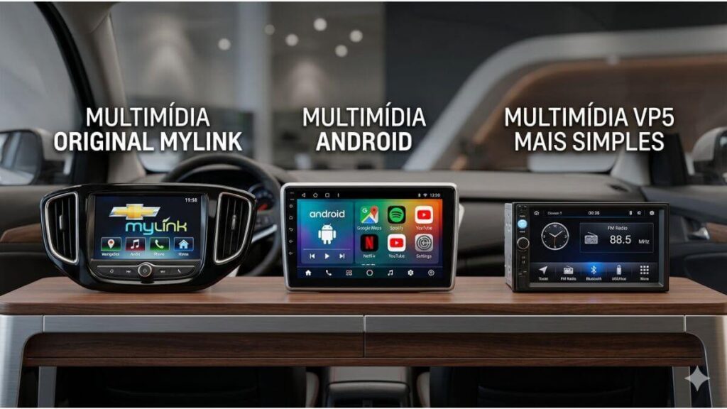 Tipos de Central Multimídia Automotiva: MyLink, Android e VP5. Foto profissional comparando três centrais multimídia automotivas sobre uma mesa de madeira: à esquerda, uma Multimídia Original MyLink com tela de 7 polegadas e botões físicos; no centro, uma Multimídia Android com tela touch capacitiva de 9 polegadas e ícones de aplicativos; à direita, uma Multimídia VP5 Mais Simples com interface de rádio básica. O fundo é o interior desfocado de um carro.