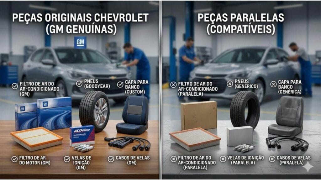 Infográfico comparativo dividido ao meio. Do lado esquerdo, "Peças Originais Chevrolet" em caixas azuis da GM e ACDelco, com selos de verificado. Do lado direito, "Peças Paralelas" em caixas genéricas marrons e cinzas, com ícones de "X". Itens mostrados: filtros de ar, velas, cabos, pneus e capas de banco.