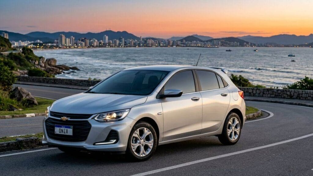 Chevrolet Onix prata estacionado em rodovia costeira ao pôr do sol, no Brasil.