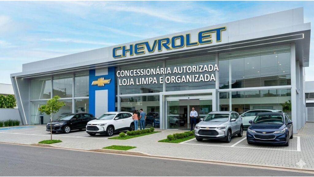 Fachada moderna e organizada de uma concessionária Chevrolet, representando a rede autorizada e a engenharia por trás dos novos motores do Onix.