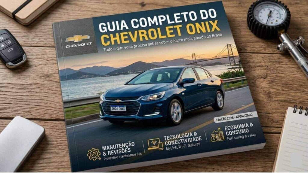 A capa de um livro intitulado "Guia Completo do Chevrolet Onix" sobre uma mesa de madeira, ao lado de chaves do carro e um medidor de pressão. A capa destaca os temas de manutenção, tecnologia e economia.