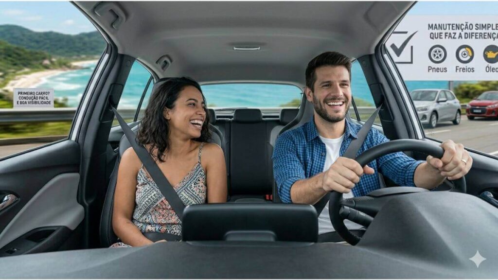 Experiência de Primeiro Carro: Facilidade de Condução e Alegria no Onix. Uma foto profissional e bem iluminada do interior de um Chevrolet Onix Hatch Summit White, visto de um ângulo médio entre os bancos traseiros. Um jovem casal brasileiro, o rapaz dirigindo e a namorada ao lado, está sentado e rindo alegremente. As mãos do rapaz estão no volante multifuncional multifunções da image_14.png, e eles olham para a estrada cênica na costa de Santa Catarina através do para-brisa.
