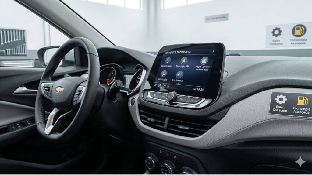 Painel Moderno do Onix: Tecnologia e Conforto na Ponta dos Dedos. Uma foto profissional e bem iluminada do interior do Chevrolet Onix, focando no painel. No centro, uma central multimídia de 8 polegadas MyLink, moderna e funcional, exibe o menu "CONFORT E TECNOLOGIA" com ícones claros para conectividade, navegação, som premium e Android Auto/Apple CarPlay. O volante multifuncional multifunções está à esquerda e, ao fundo, fora de foco, vê-se a oficina limpa e o pôster "Manutenção Simples".