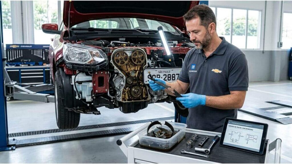 Mecânico da Chevrolet inspeciona correia banhada a óleo quebrada no motor de um Onix parcialmente desmontado em uma oficina.