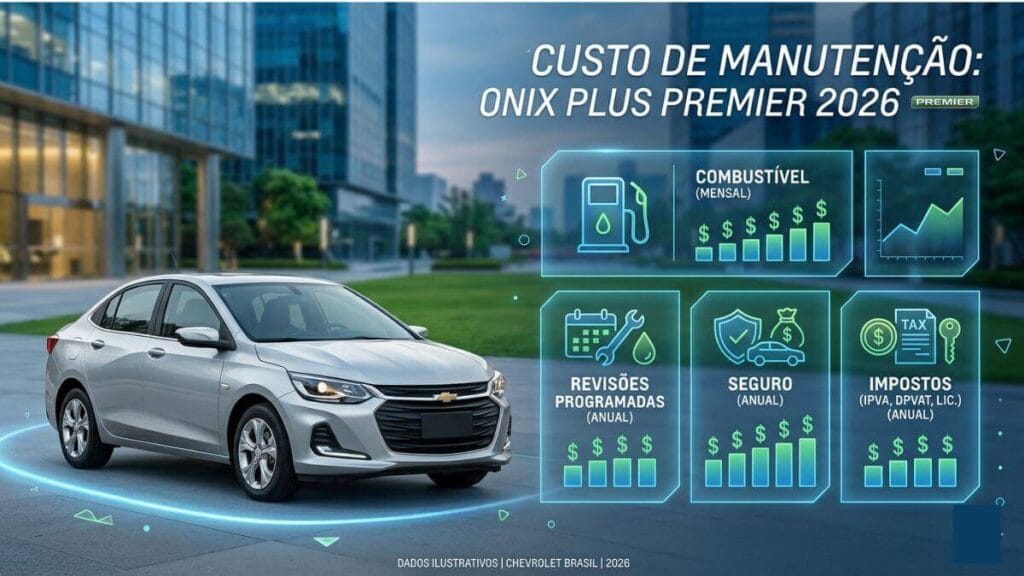 Infográfico sobre o custo de manutenção do Chevrolet Onix Plus Premier 2026 com dados de combustível, revisões e impostos.