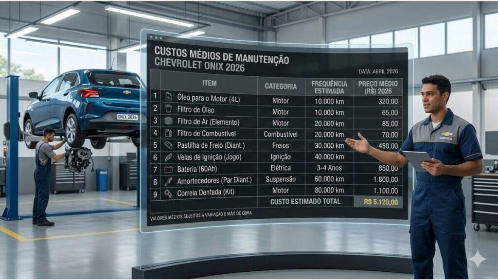 Infográfico futurista em uma oficina da Chevrolet mostrando uma tabela digital de Custos Médios de Manutenção para o Onix 2026. A tabela lista 9 itens, categorias, frequência e preços em Reais (R$), totalizando R$ 5.120,00. Um mecânico sorridente com um tablet aponta para a tela. Ao fundo, um Onix azul está no elevador.