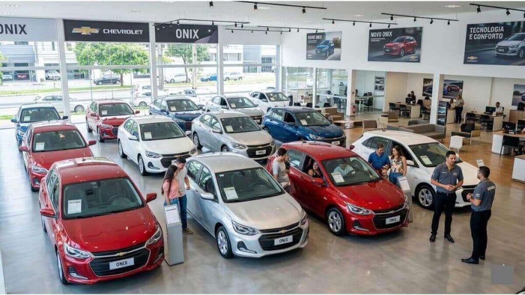 Visão geral do interior de uma concessionária Chevrolet bem iluminada e limpa no Brasil, repleta de diversos modelos de Chevrolet Onix hatch e sedã novos e seminovos em várias cores. Clientes e consultores de vendas estão interagindo perto dos veículos.