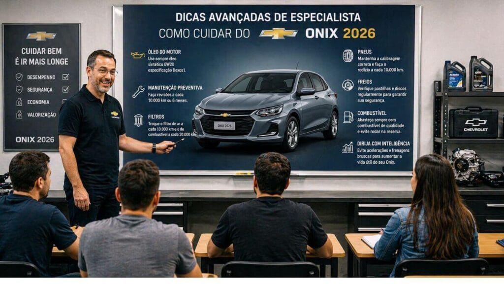 Professor ensinando manutenção e cuidados do Chevrolet Onix 2026 para alunos com imagem do carro no quadro