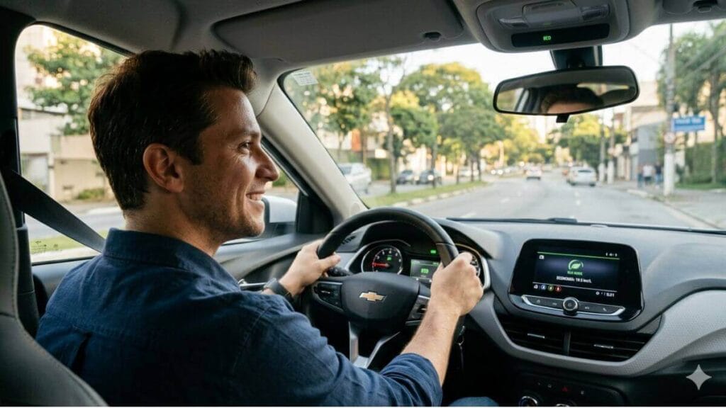 Visão interna de um Chevrolet Onix com um homem jovem sorrindo enquanto dirige por uma rua arborizada na cidade. Ele segura o volante com as duas mãos de forma relaxada. O painel digital do carro está visível, exibindo indicadores de economia de combustível em tons de verde. A imagem tem iluminação natural e suave, transmitindo uma sensação de tranquilidade e eficiência.