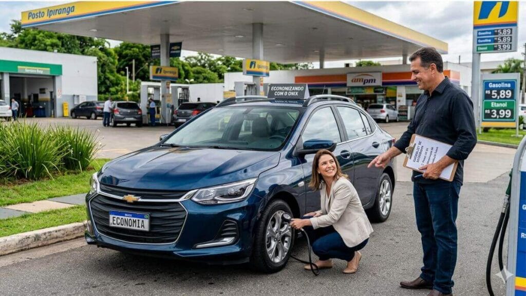 Foto de um homem e uma mulher verificando a calibragem do pneu de um Chevrolet Onix azul em um Posto Ipiranga no Brasil. No fundo, há bombas de combustível e uma loja ampm. O homem segura uma prancheta com dicas de economia. A placa do carro diz 'ECONOMIA'.
