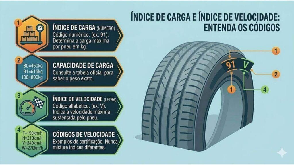 Infográfico em português explicando como ler o índice de carga e o índice de velocidade de um pneu, com exemplos e tabelas de conversão.