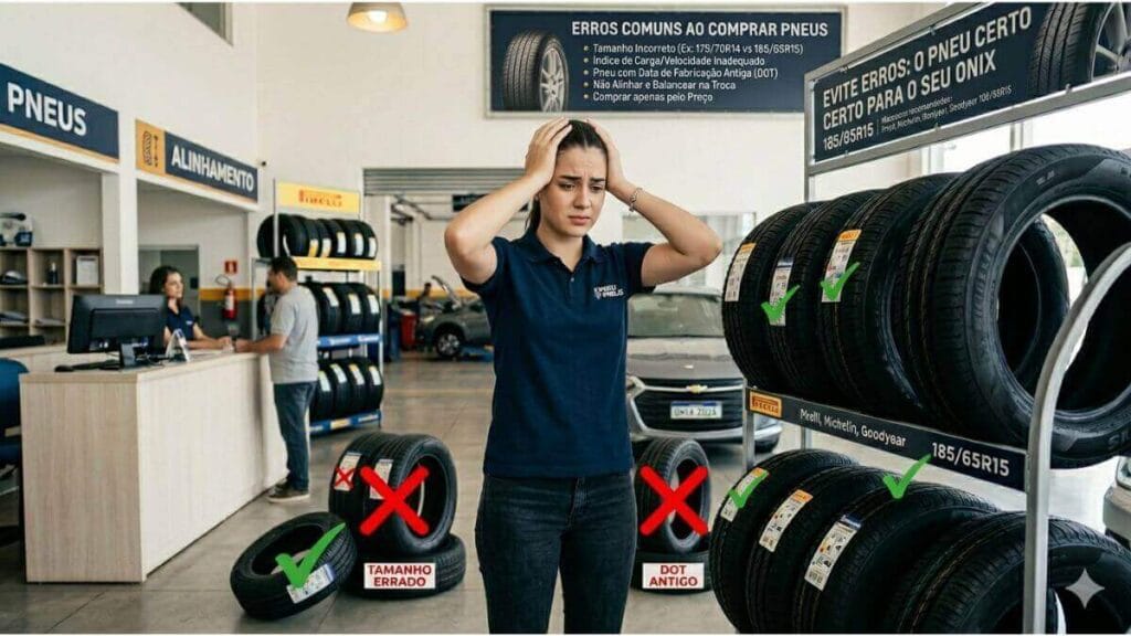 Uma mulher jovem, com as mãos na cabeça e expressão confusa, está no centro de uma loja de pneus. Ao fundo, um cartaz em português lista "Erros Comuns ao Comprar Pneus". Ela olha para uma prateleira com pneus marcados com verificações verdes. À direita, um totem de informações lista "O Pneu Certo para o Seu Onix 185/65R15". No chão, pneus marcados com grandes "X" vermelhos e as etiquetas "TAMANHO ERRADO" e "DOT ANTIGO".