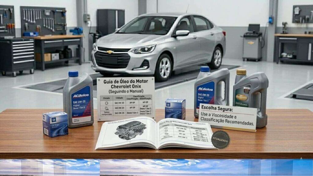 Infográfico técnico em uma oficina limpa mostrando como escolher o óleo do Onix: um manual aberto, uma tabela com viscosidades (0W-20) e classificações (API SP, Dexos 1 Gen 3), e garrafas de óleo ACDelco em uma bancada. No fundo desfocado, um Chevrolet Onix prateado.