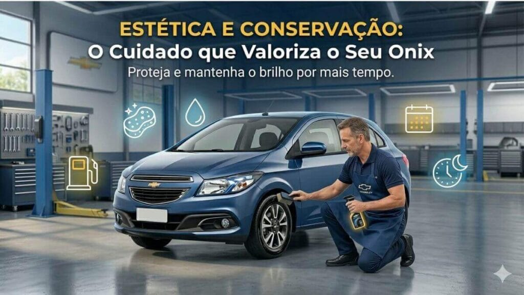 Fotografia profissional em uma oficina mecânica ampla e limpa. Um Chevrolet Onix azul está no centro, com um homem agachado ao lado dele aplicando pretinho no pneu com um pincel. Acima do carro, o título: 'ESTÉTICA E CONSERVAÇÃO: O Cuidado que Valoriza o Seu Onix'. Ícones flutuantes brilhantes (esponja, gota d'água, calendário, relógio) cercam o carro e o homem.