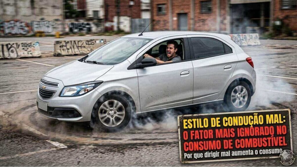 Um Chevrolet Onix prata em movimento agressivo, realizando um manobra de 'donut' ou 'rodopio' em um lote de asfalto gasto, com fumaça de pneus saindo de todas as rodas e rastro de borracha queimada no chão. O motorista é visível através da janela com uma careta exagerada de esforço e grito. O fundo é um lote urbano desatualizado com grafites e prédios de tijolos desfocados.