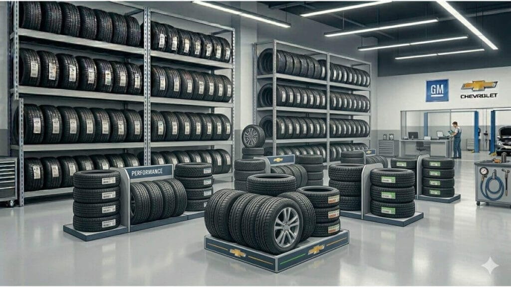 Grande estoque de pneus novos organizados em prateleiras de uma oficina mecânica moderna e iluminada da GM Chevrolet-manutenção.
