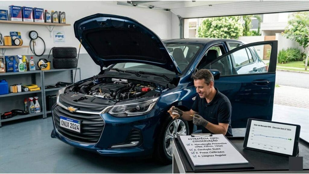 Um homem fazendo manutenção no motor de um Chevrolet Onix azul em uma garagem. Ao lado, há uma prancheta com um checklist de 'Estratégia Onix: Conservação' e um tablet mostrando um gráfico de 'Valor de Mercado FIPE'.