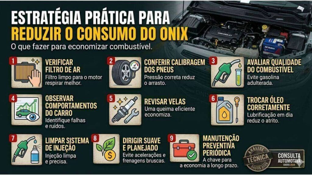 Um infográfico técnico e limpo detalhando nove passos essenciais para reduzir o consumo de combustível de um Chevrolet Onix. O topo mostra o motor aberto de um Onix prata com o texto 'ESTRATÉGIA PRÁTICA PARA REDUZIR O CONSUMO DO ONIX'. Abaixo, nove ícones circulares numerados (1 a 9) com descrições em português: 1 Verificar Filtro de Ar, 2 Conferir Calibragem, 3 Avaliar Qualidade Combustível, 4 Observar Comportamentos, 5 Revisar Velas, 6 Trocar Óleo Corretamente, 7 Limpar Sistema Injeção, 8 Dirigir Suave e Planejado, 9 Manutenção Preventiva Periódica.