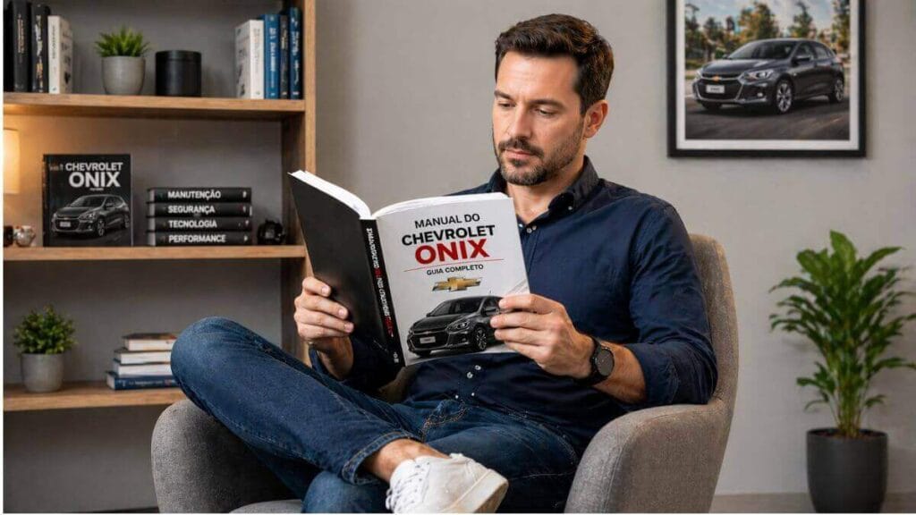 Homem lendo manual do Chevrolet Onix sentado com pernas cruzadas aplicando estratégias avançadas de uso