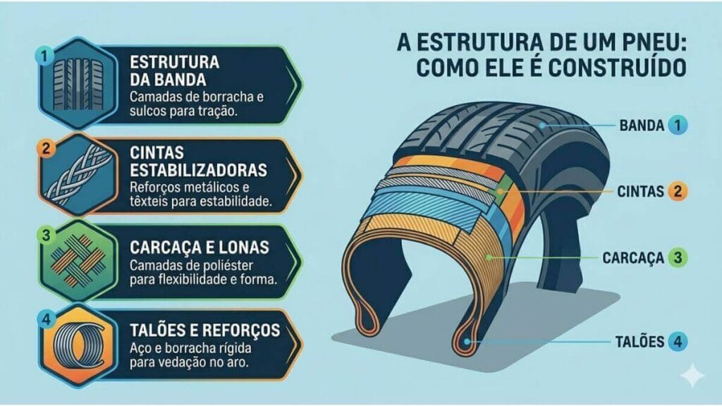 Infográfico detalhando a estrutura de um pneu, mostrando os quatro principais componentes em corte: Banda de Rodagem, Cintas Estabilizadoras, Carcaça e Talões, com descrições em português.